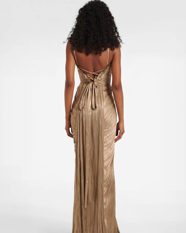 Elegant Pleated Metallic Tie-Waist Party Slit Gown Maxi Dress