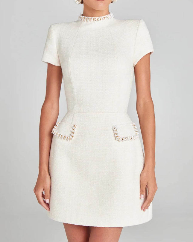 Exquisite And Playful Pearl Trim Pocket Mini Dress