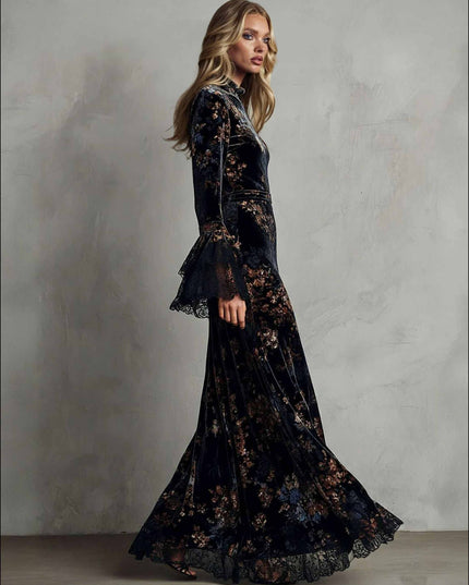 Exquisite Velvet Floral Print Pleated Maxi Dress