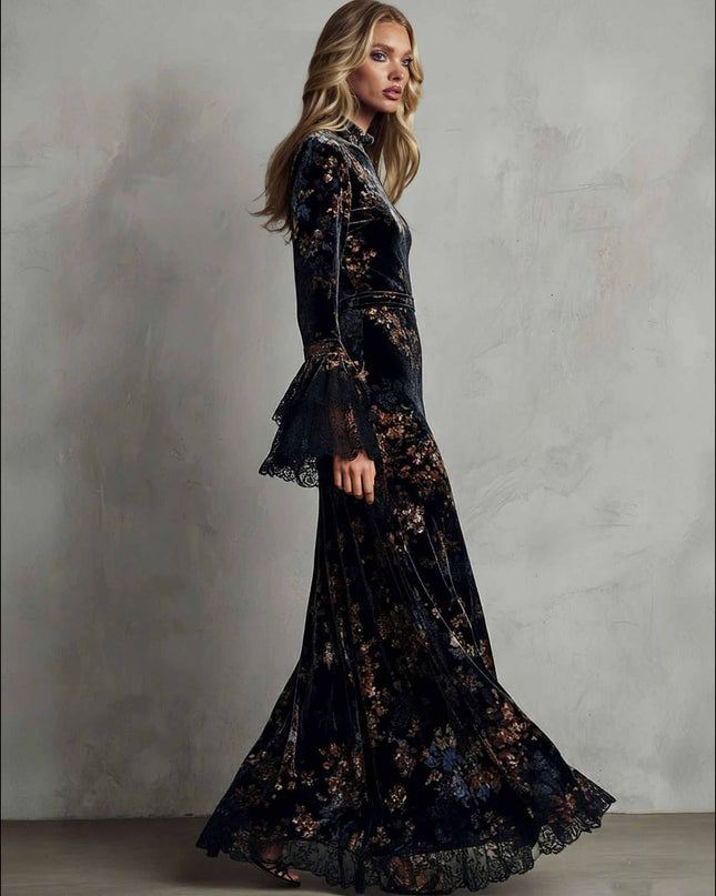 Exquisite Velvet Floral Print Pleated Maxi Dress