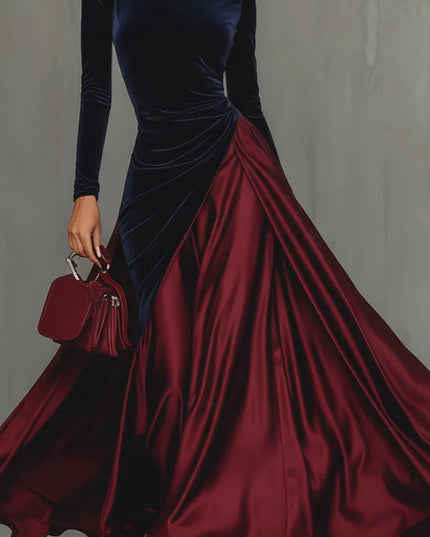 Elegant Velvet Satin Color-blocked Maxi Dress