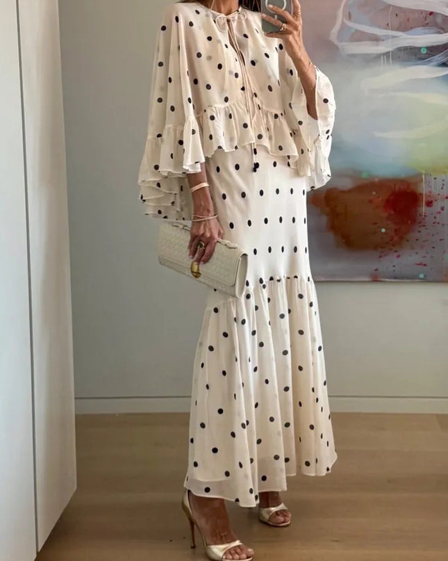 Elegant Polka Dot Ruffle Layered Chiffon Cape Maxi Dress
