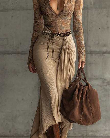 Retro Print Top And Skirt Two-piece Set