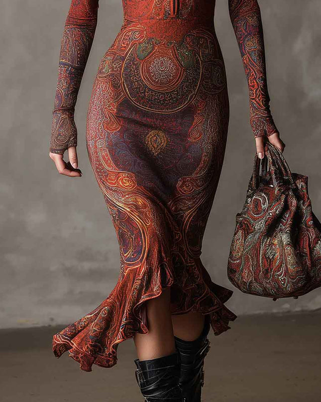 Retro Bohemian Print Irregular Midi Dress