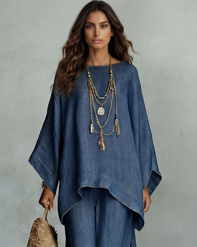 Casual Denim Batwing Asymmetrical Top & Wide Leg Pants Set