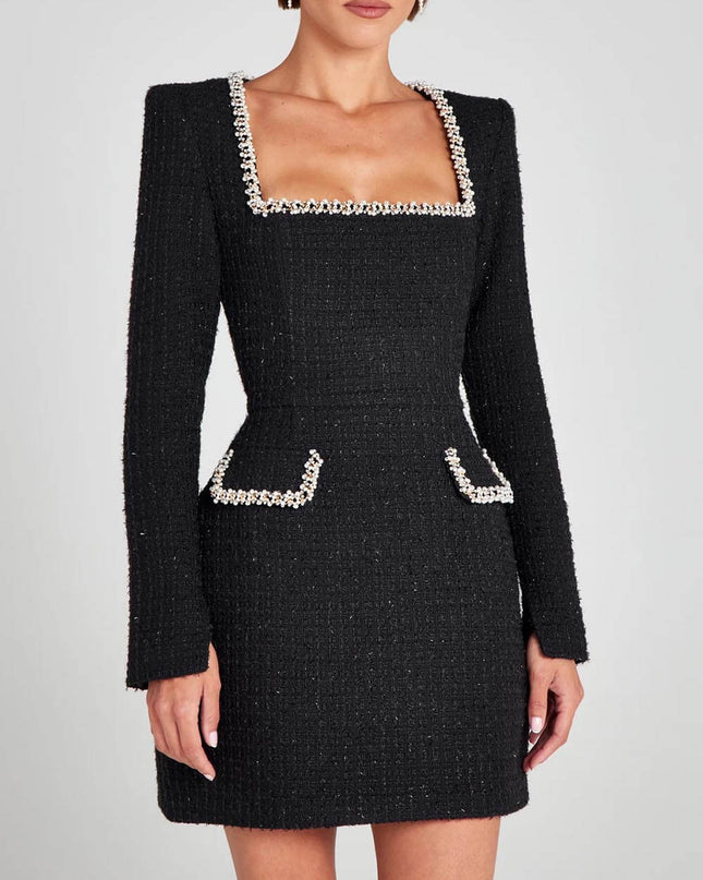 Exquisite Girl Charm Pearl Trim Slit Sleeve Pocket Mini Dress