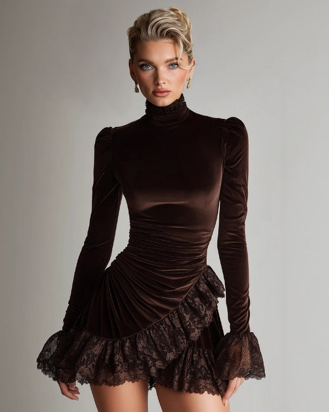 Elegant Velvet Ruffled Lace Mini Dress