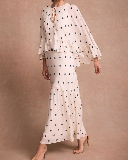 Elegant Polka Dot Ruffle Layered Chiffon Cape Maxi Dress