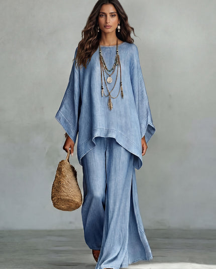 Casual Denim Batwing Asymmetrical Top & Wide Leg Pants Set