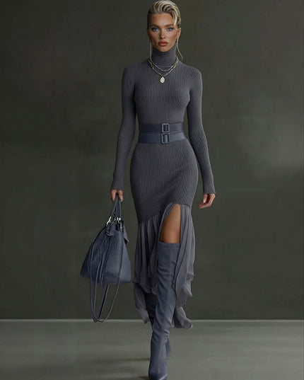 Elegant Asymmetrical Ruffled Knit Midi Dress