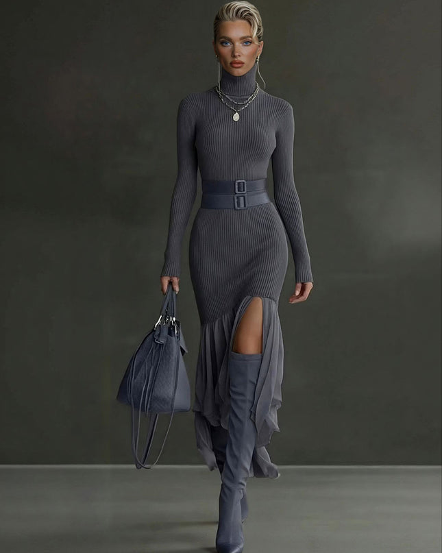 Elegant Asymmetrical Ruffled Knit Midi Dress