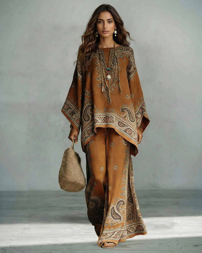 Bohemian Paisley Print Batwing Sleeve Two-Piece Set