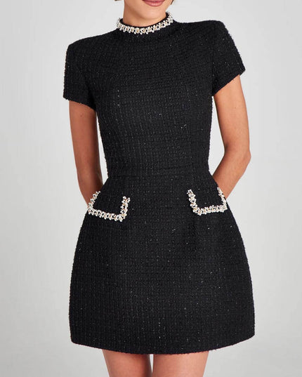 Exquisite And Playful Pearl Trim Pocket Mini Dress