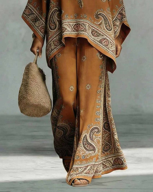 Bohemian Paisley Print Batwing Sleeve Two-Piece Set