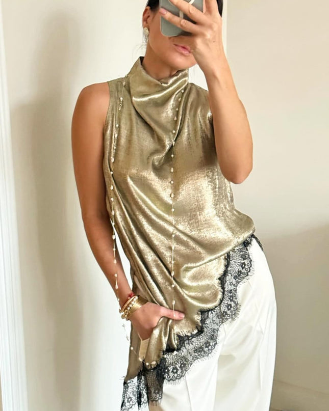 "Metallic Lace" Gold/Black Sleeveless High-Neck Asymmetrical Top