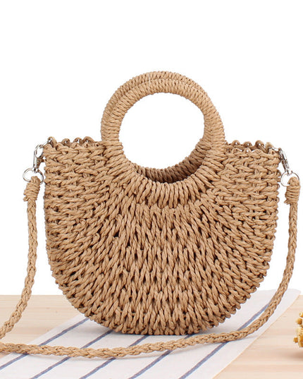 Vintage Coin Buckle Handbag: Woven Cotton Rope with Round Rattan Handle and Diamond Hollow Pattern
