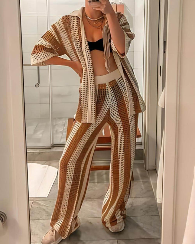 Fashion Loose V-Neck Hollow Out Striped Shirt Wide Leg Pants Set