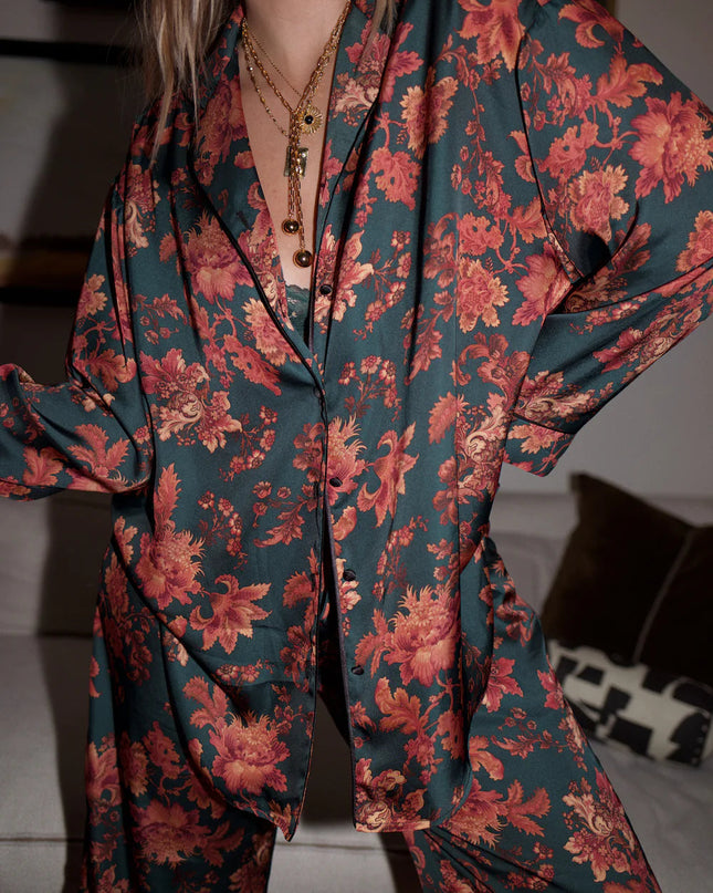 "Midnight Bloom" Emerald Floral Satin Pajama Set