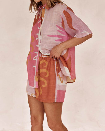 "Sunset Typo" Terracotta Print Linen-Blend Shirt & Shorts Set