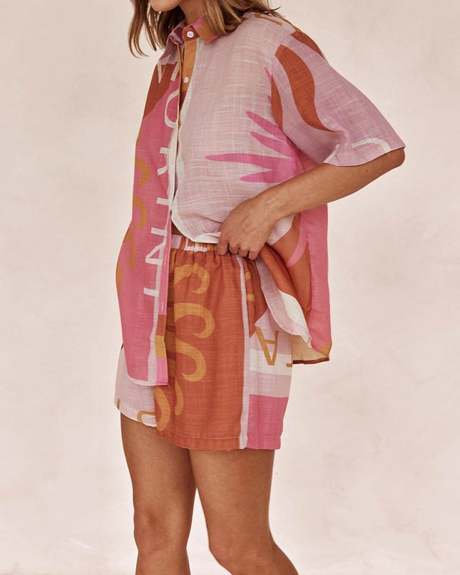 "Sunset Typo" Terracotta Print Linen-Blend Shirt & Shorts Set