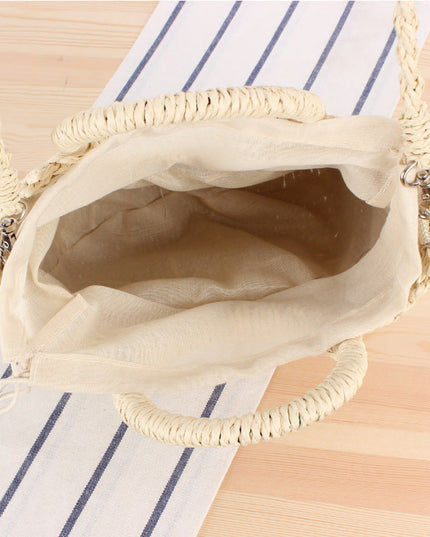 Vintage Coin Buckle Handbag: Woven Cotton Rope with Round Rattan Handle and Diamond Hollow Pattern