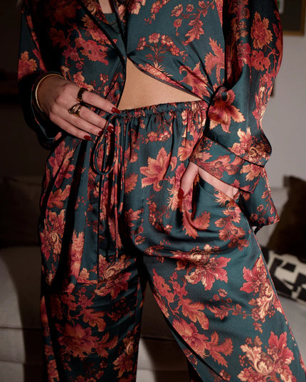 "Midnight Bloom" Emerald Floral Satin Pajama Set