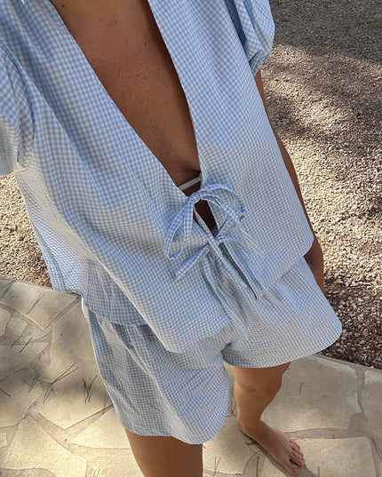 "Gingham Picnic" Blue Gingham Puff Sleeve Two-Piece Set