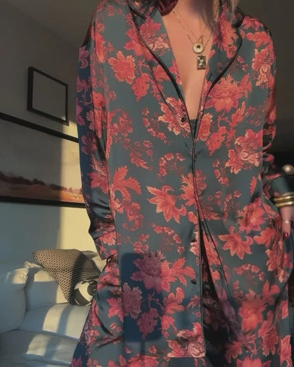 "Midnight Bloom" Emerald Floral Satin Pajama Set