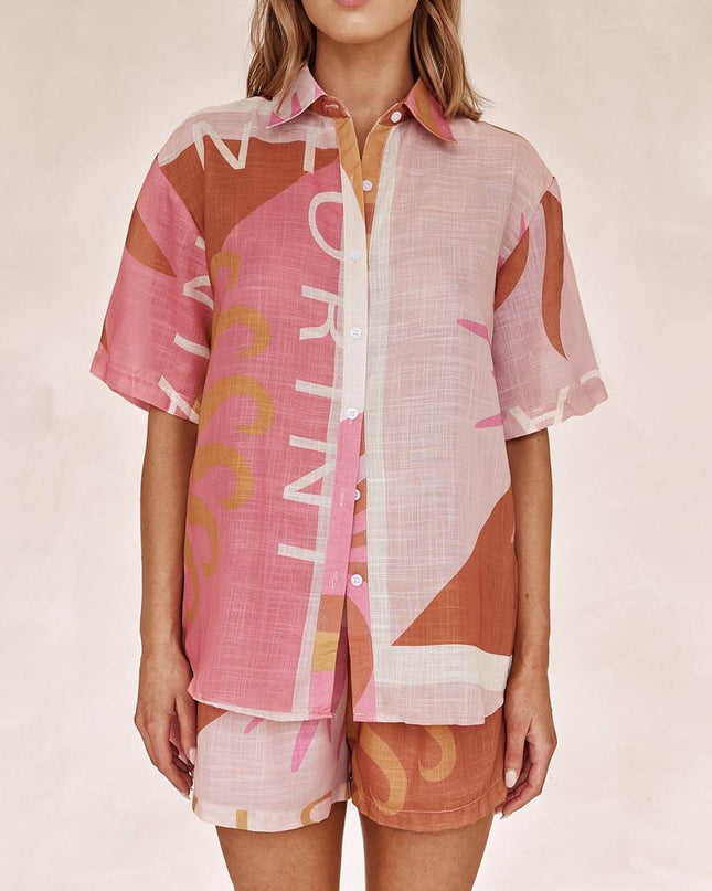 "Sunset Typo" Terracotta Print Linen-Blend Shirt & Shorts Set