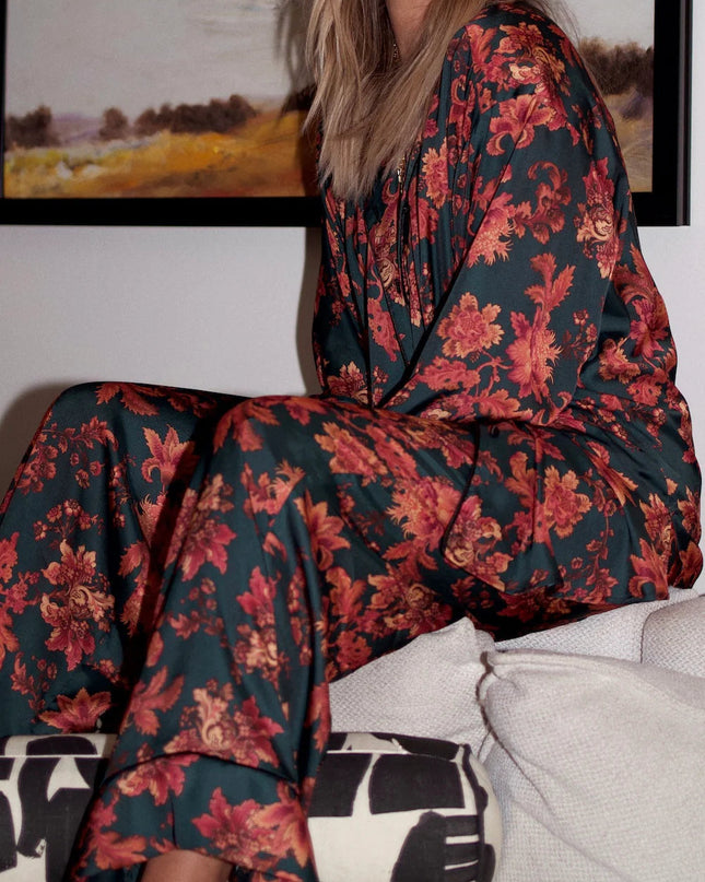 "Midnight Bloom" Emerald Floral Satin Pajama Set