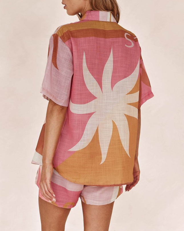 "Sunset Typo" Terracotta Print Linen-Blend Shirt & Shorts Set