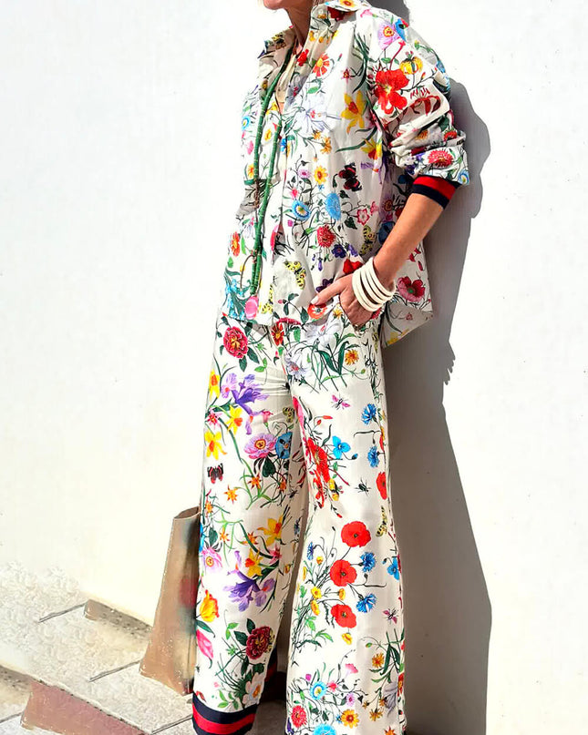 "Botanical Bliss" Floral Print Contrast Trim Two-Piece Set