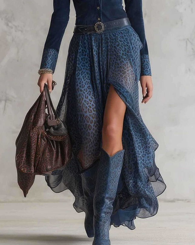 Retro Leopard Print Chiffon Split Maxi Dress