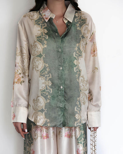 "Vintage Garden" Satin Floral Print Two-Piece Set