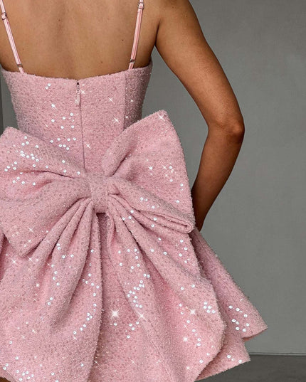 "Starlit Bow" Sequin Square Neck Mini Dress