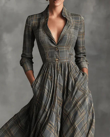 Retro Lapel Plaid Single-Breasted Maxi Dress
