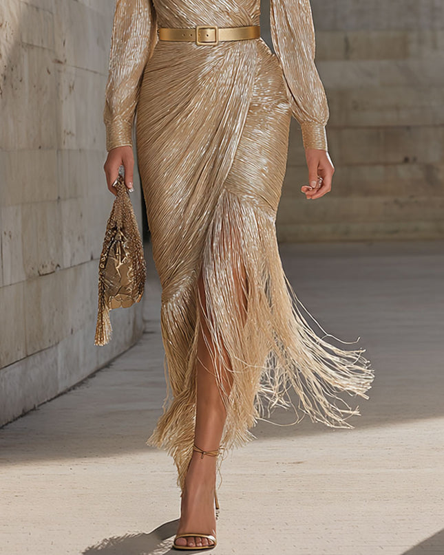 Elegant Tassel Wrap-around Slim-fit Maxi Dress