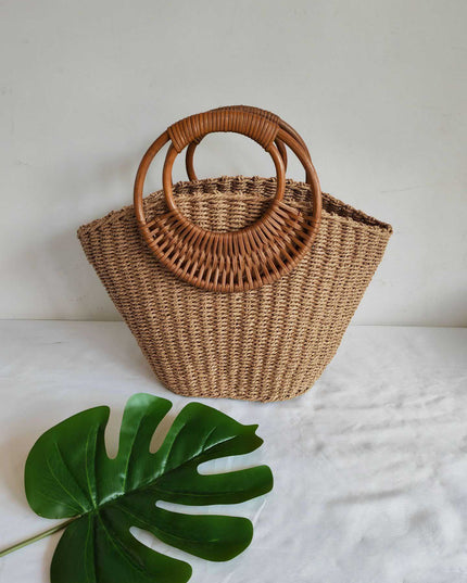 Exquisite Round Rattan Handle Straw Bag