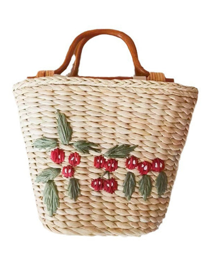 Vintage Rattan Handle Embroidered Bucket-shaped Straw Bag