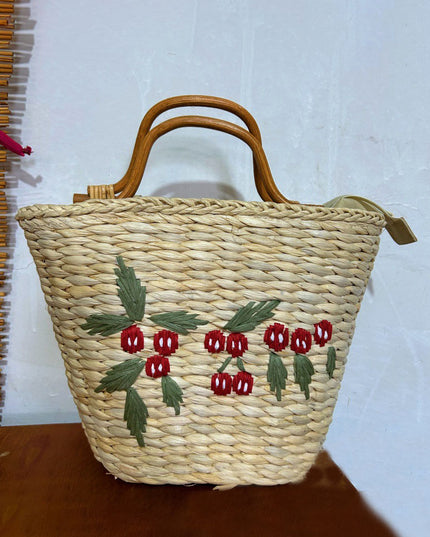 Vintage Rattan Handle Embroidered Bucket-shaped Straw Bag