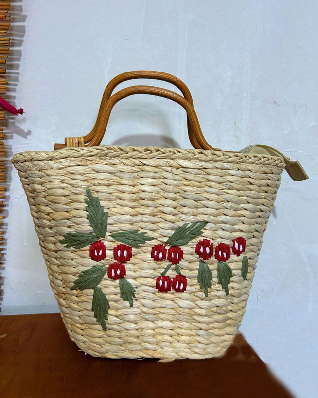 Vintage Rattan Handle Embroidered Bucket-shaped Straw Bag