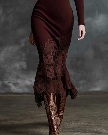 Elegant High-neck Lace-trimmed Knit Midi Dress