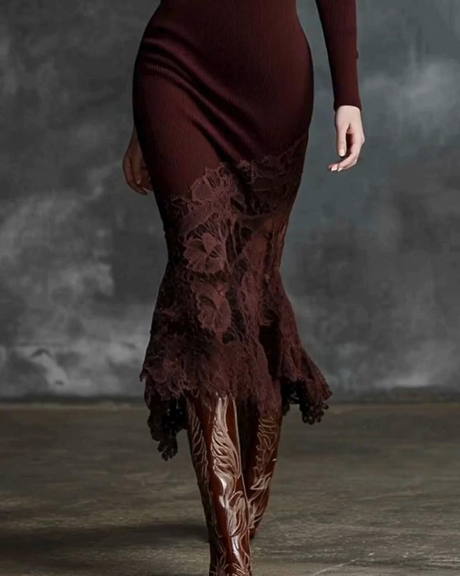 Elegant High-neck Lace-trimmed Knit Midi Dress
