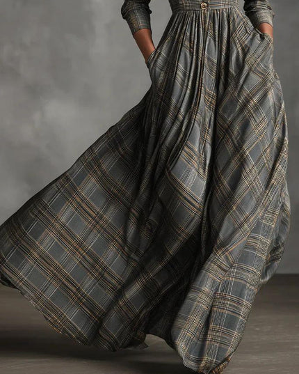 Retro Lapel Plaid Single-Breasted Maxi Dress