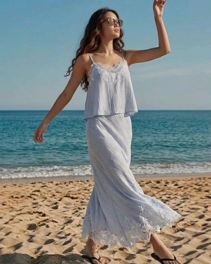 Lace Trim Pleated Cami Top & Midi Skirt Two-Piece Set