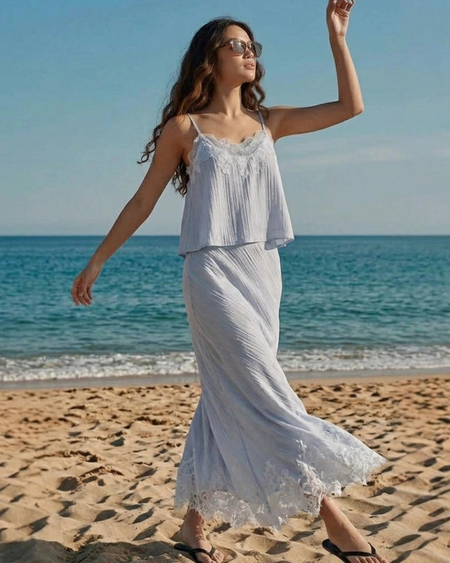 Lace Trim Pleated Cami Top & Midi Skirt Two-Piece Set