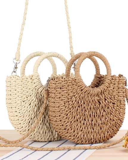 Vintage Coin Buckle Handbag: Woven Cotton Rope with Round Rattan Handle and Diamond Hollow Pattern