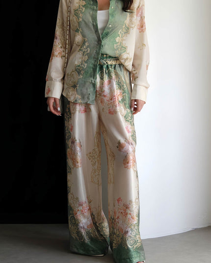 "Vintage Garden" Satin Floral Print Two-Piece Set