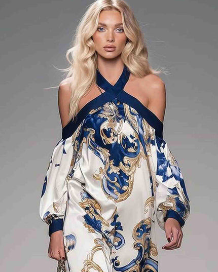 Retro Off-shoulder Printed Satin Maxi Dress