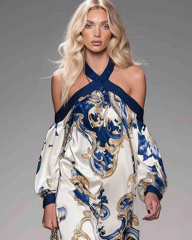 Retro Off-shoulder Printed Satin Maxi Dress